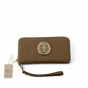 Tree of Life Wristlet Wallet Brown Faux Leather Gold Logo NWT